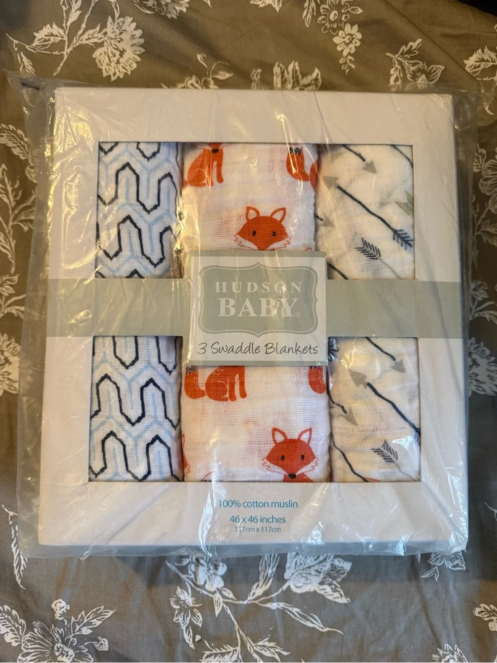 Hudson Baby Fox & Blue Pattern Cotton Muslin Swaddle Blankets - 3 pack